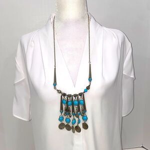 Tribal Coined Bob Bellydancer Blue Silver Toned Necklace Statement Piece